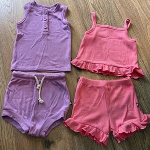 Kyte Baby Ribbed Ruffle Tank Set in Guava and Ribbed Henley Tank Set in Poi
